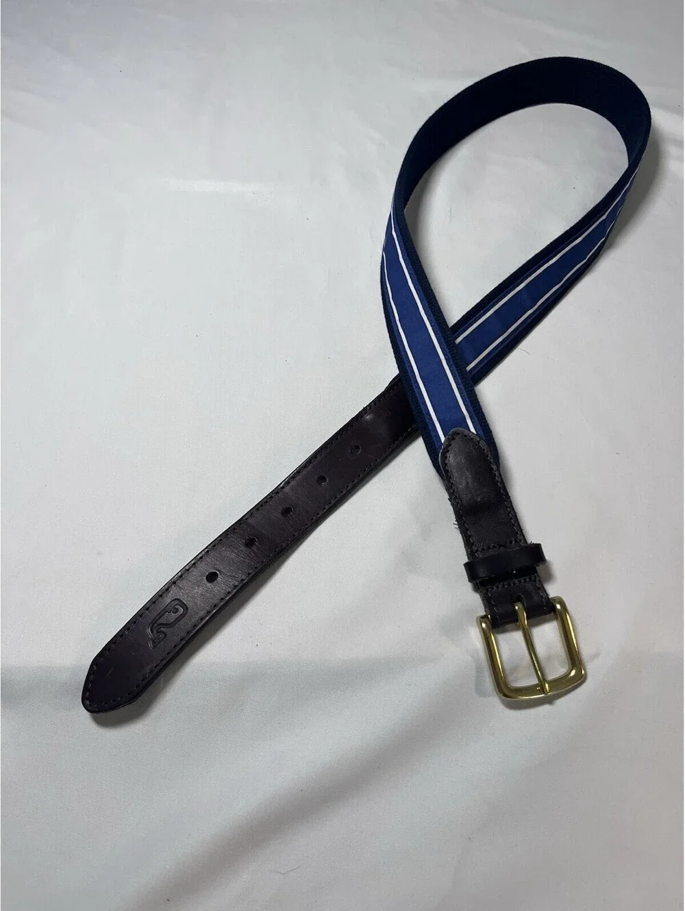 Vineyard Vines Blue White Striped Ribbon Belt with Leather Trim and Brass Buckle